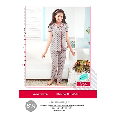 Premium Lounge Wear Kids Girl Shirt & Pajama Night Suit Design No. 8232