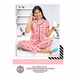 Premium Lounge Wear Kids Girl Shirt & Pajama Night Suit Design No. 8363