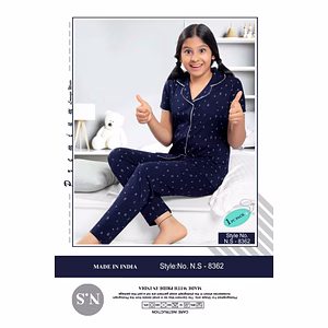 Premium Lounge Wear Kids Girl Shirt & Pajama Night Suit Design No. 8362