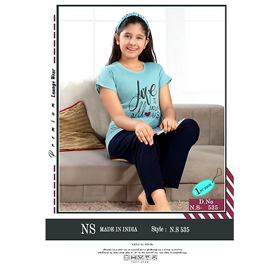 Premium Lounge Wear Kids Girl T-shirt & Pajama Night Suit Design No. 535