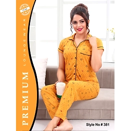 Premium Lounge Wear Hosiery Ladies Shirt & Pajama Front Open Night Suit Design No. 381