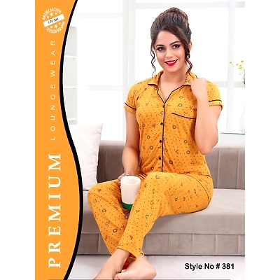 Premium Lounge Wear Hosiery Ladies Shirt & Pajama Front Open Night Suit Design No. 381