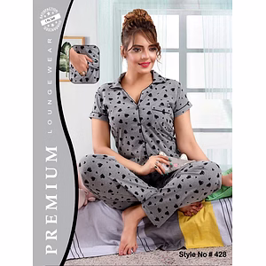 Premium Hosiery Ladies Front Open Shirt & Pajama Night Suit Design No. 428