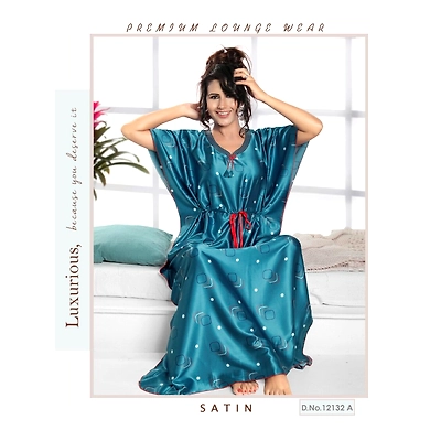 Premium Lounge Wear Ladies Satin Kaftan Nighty, Gown Design No