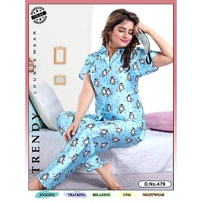 Premium Lounge Wear Indian Satin Women Front Open Shirt & Pajama Night Suit Design No. 479
