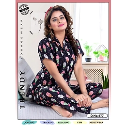 Premium Lounge Wear Indian Satin Women Front Open Shirt & Pajama Night Suit Design No. 477