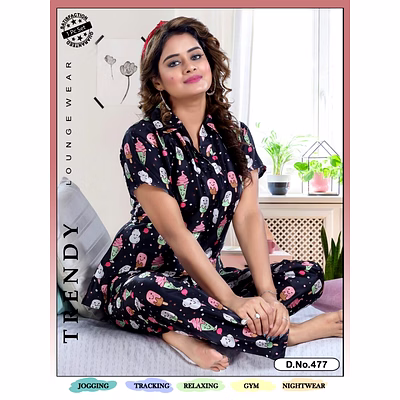 premium lounge wear indian satin women front open shirt & pajama night suit design no. 477