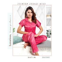 Premium Lounge Wear Women Front Open Satin Night Suit Design No