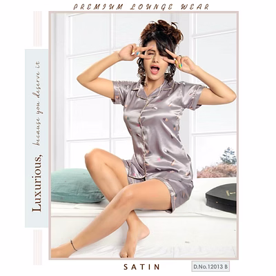 premium lounge wear ladies satin front open night suit shorts design no