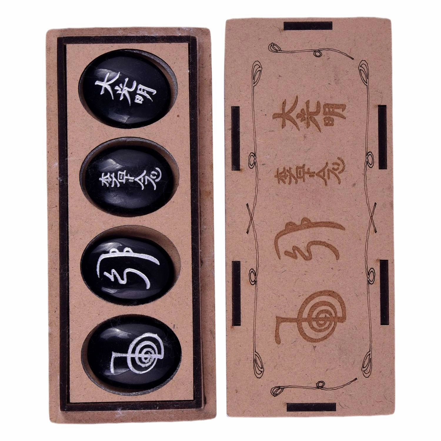 Set of 4 Usui Reiki Symbol Engraved, Black Tourmaline Stone, Oval Shape Usui Reiki Symbol, Reiki Set, Palm Stone, 4 Pcs with Wooden Box(PRI_01)-12165762