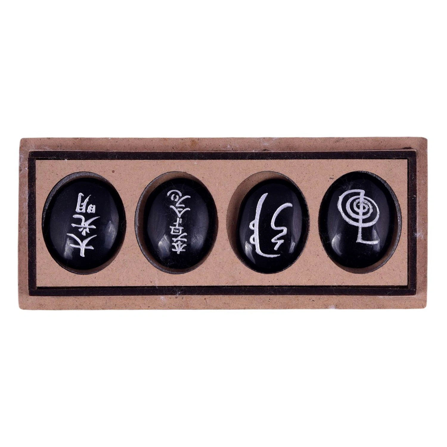 Set of 4 Usui Reiki Symbol Engraved, Black Tourmaline Stone, Oval Shape Usui Reiki Symbol, Reiki Set, Palm Stone, 4 Pcs with Wooden Box(PRI_01)-2