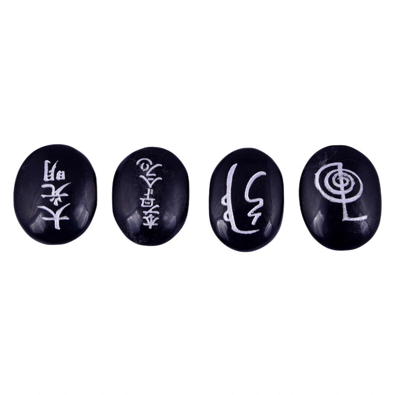 Set of 4 Usui Reiki Symbol Engraved, Black Tourmaline Stone, Oval Shape Usui Reiki Symbol, Reiki Set, Palm Stone, 4 Pcs with Wooden Box(PRI_01)-3