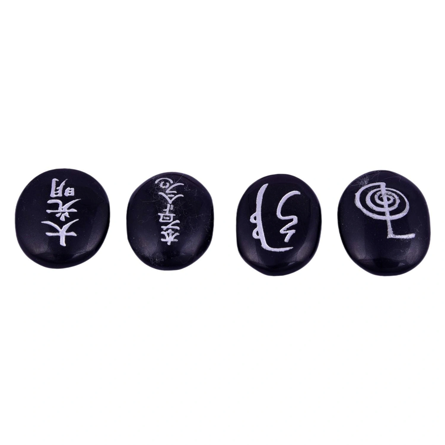 Set of 4 Usui Reiki Symbol Engraved, Black Tourmaline Stone, Oval Shape Usui Reiki Symbol, Reiki Set, Palm Stone, 4 Pcs with Wooden Box(PRI_01)-4