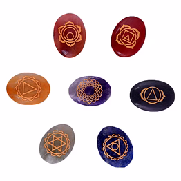 7 chakra stones set box engraved, spiritual healing meditation plam stones, reiki 7 chakra crystal set in wooden box(ki_03)