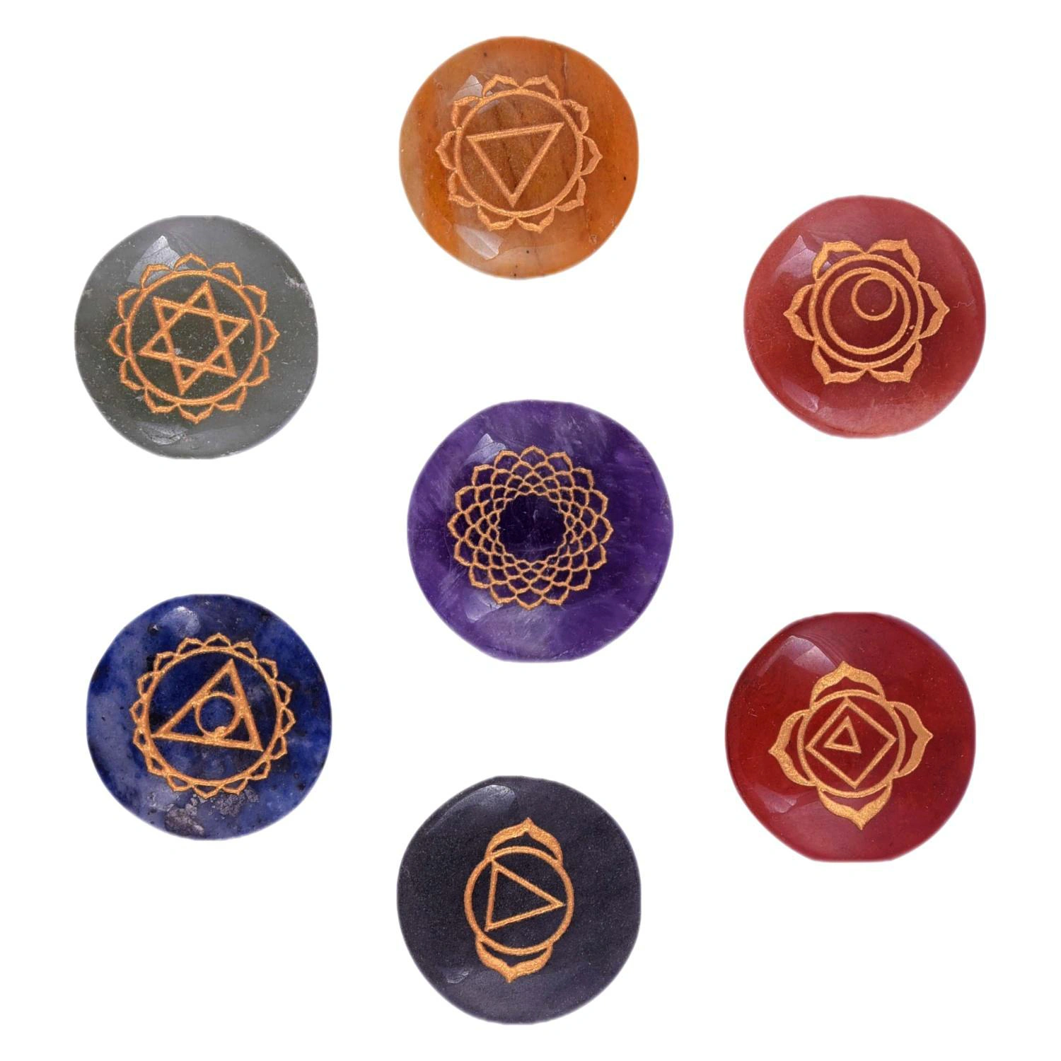  Seven Chakra Symbol Reiki Crystal Healing Set of 7 pcs with Box Reiki Engraved Natural Crystal Round Reiki Set_pri_008(PRI_08)-12165988