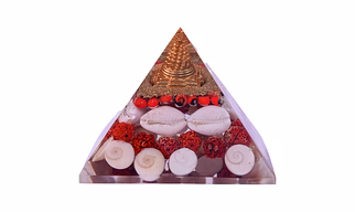 Gomti Chakra Shree Yantra Orgone Pyramid with Red & White Chirmi Seeds for Wealth, Prosperity, Success(KI_094)