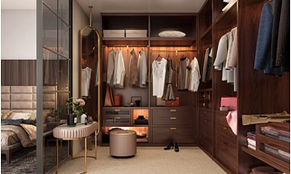An All Wood Walk-in Closet Adjoining A Master Bedroom