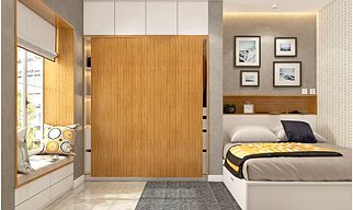 A Sliding-Door Wardrobe Design Finished With White And Light Wood Laminate