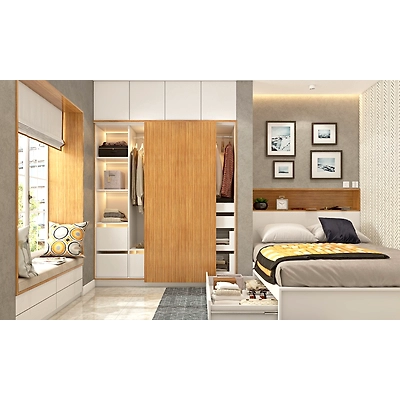 A Sliding-Door Wardrobe Design Finished With White And Light Wood Laminate-1