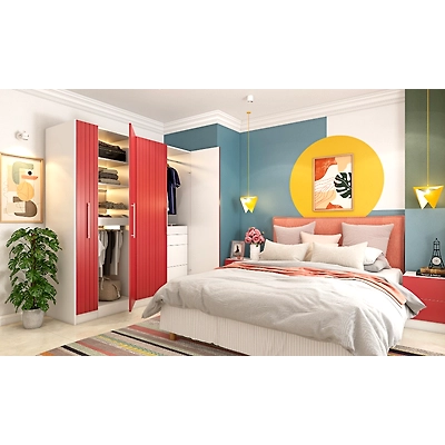 A Coral Coloured Wardrobe With A Pull-Out Mirror And Dresser Unit-1