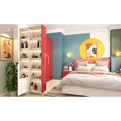 A Coral Coloured Wardrobe With A Pull-Out Mirror And Dresser Unit-2