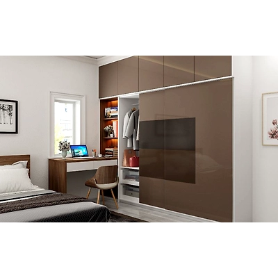 A Sliding Door Wardrobe In Brown High Gloss Laminate-DC169