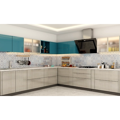 A Blue L-Shaped Modular Kitchen Design With A Tiled Backsplash-DC238
