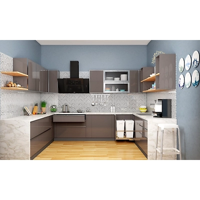 A Mocha Shaded U-Shaped Modular Kitchen-DC242