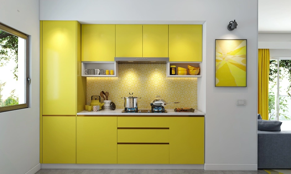 A Parallel Shaped Modular Kitchen Design In Yellow And Grey-DC245