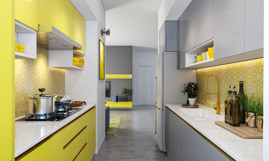 A Parallel Shaped Modular Kitchen Design In Yellow And Grey-1