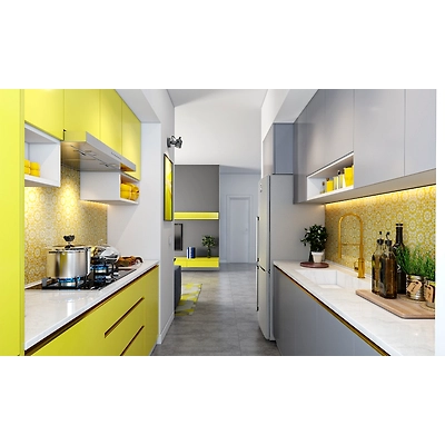 A Parallel Shaped Modular Kitchen Design In Yellow And Grey-1