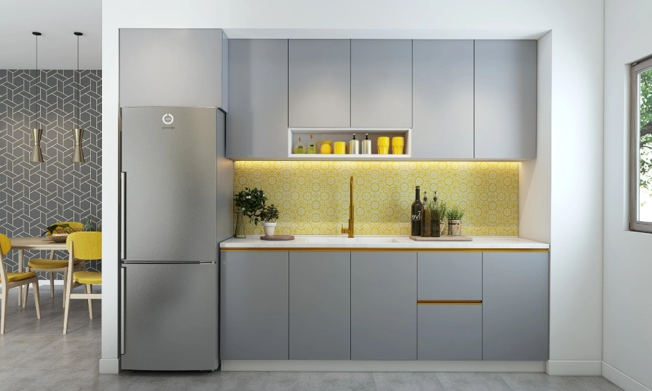 A Parallel Shaped Modular Kitchen Design In Yellow And Grey-2