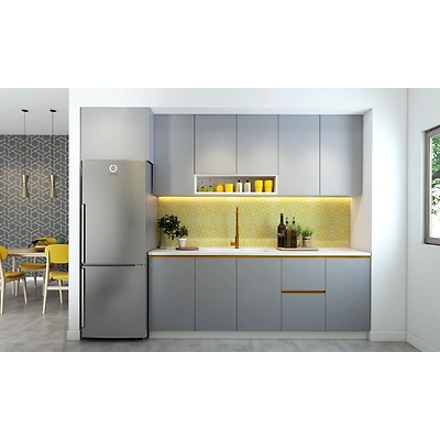 A Parallel Shaped Modular Kitchen Design In Yellow And Grey-2