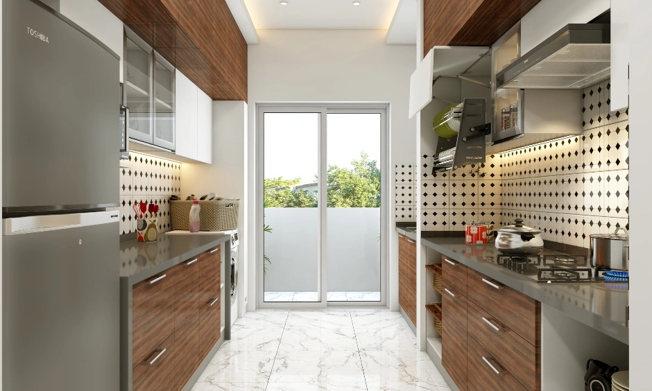 A Modern Kitchen Designed In White And Wood Finished Laminates-1