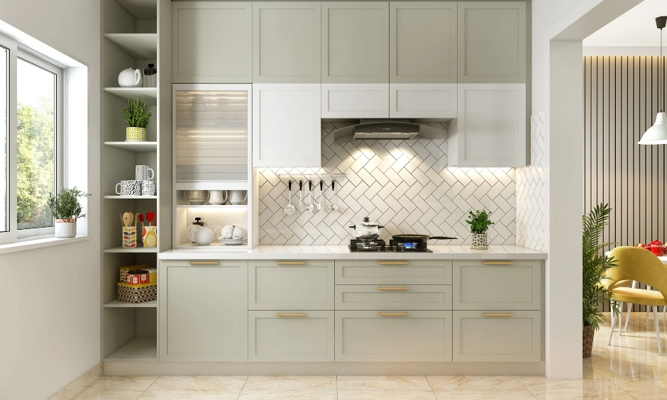 A Neutral Toned Parallel Kitchen With Open Display Shelves-DC250