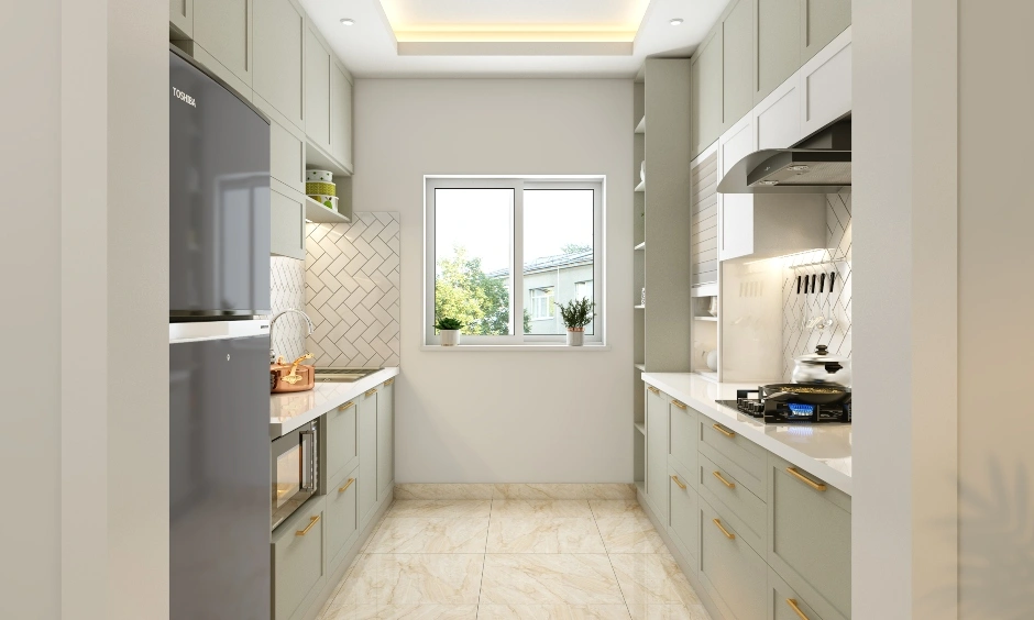 A Neutral Toned Parallel Kitchen With Open Display Shelves-2