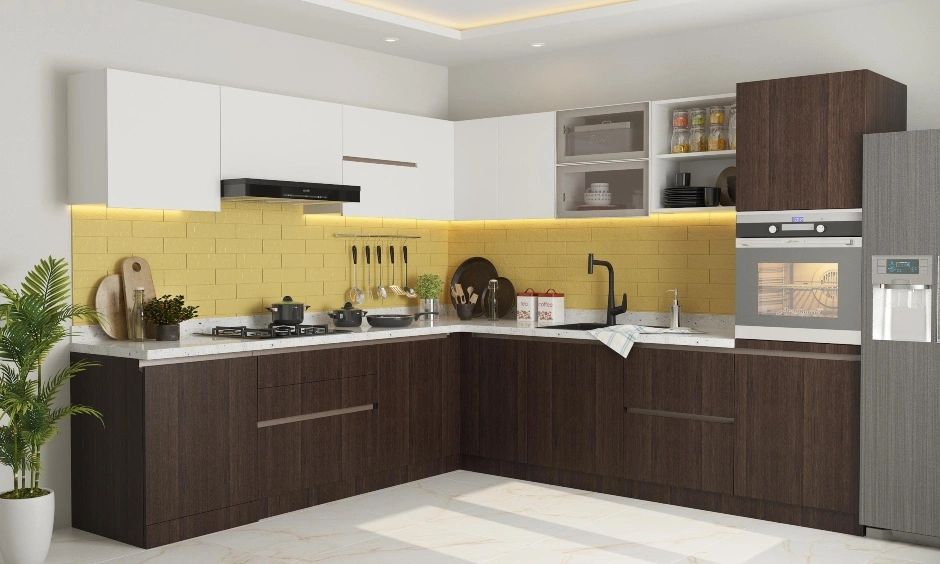 An L- Shaped Modular Kitchen In White And Wood Finish Laminates-DC252