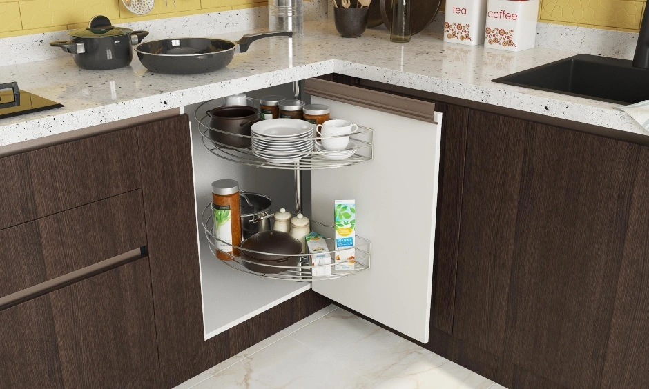 An L- Shaped Modular Kitchen In White And Wood Finish Laminates-1