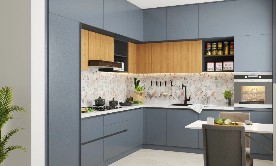 A Grey L-Shaped Kitchen With A Breakfast Counter-DC253