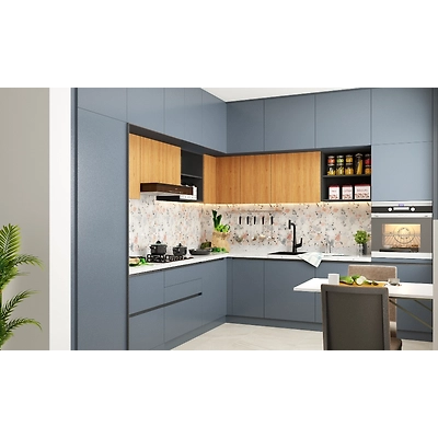 A Grey L-Shaped Kitchen With A Breakfast Counter-1