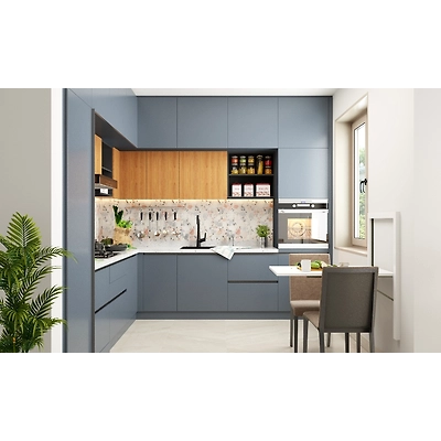 A Grey L-Shaped Kitchen With A Breakfast Counter-3