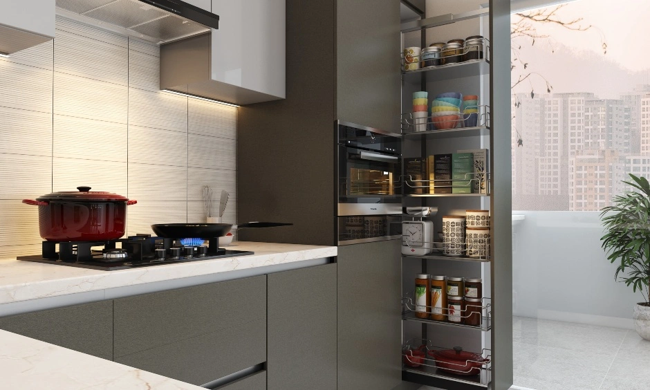 Kitchen With A Pantry Pullout And A Breakfast Counter-4