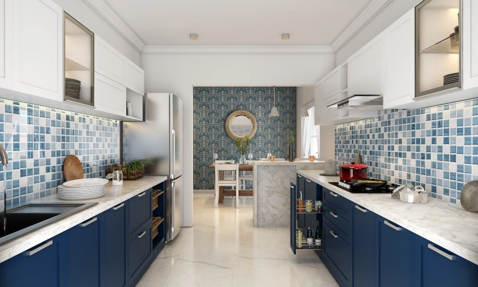 A Parallel Kitchen Designed In Blue Duco Finish-1