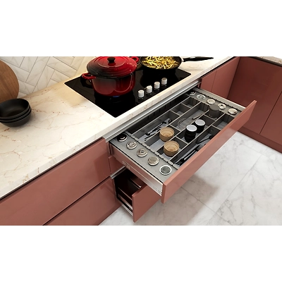 An L-Shaped Kitchen in Rose Pink And White Laminate Finish-2