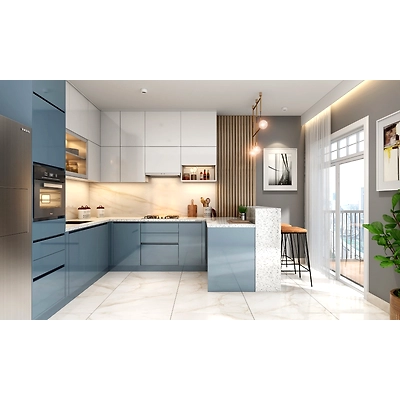 An Urban Kitchen With An Island And A Breakfast Counter-1