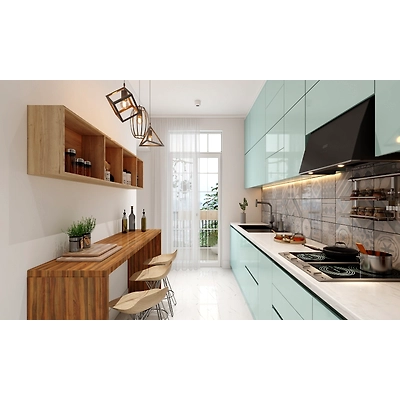 A Classy Straight Kitchen With A Breakfast Counter On The Side-1