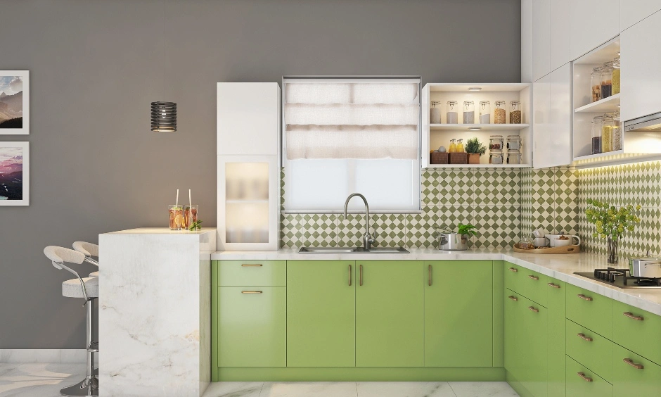 A Refreshing Green Kitchen With A Breakfast Counter-1