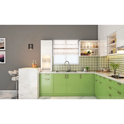 A Refreshing Green Kitchen With A Breakfast Counter-1