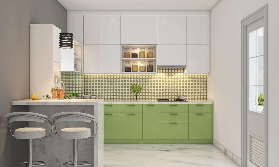 A Refreshing Green Kitchen With A Breakfast Counter-3