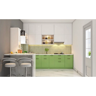 A Refreshing Green Kitchen With A Breakfast Counter-3